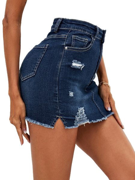 

high waist ripped raw trim denim skirt i6dk#, Black