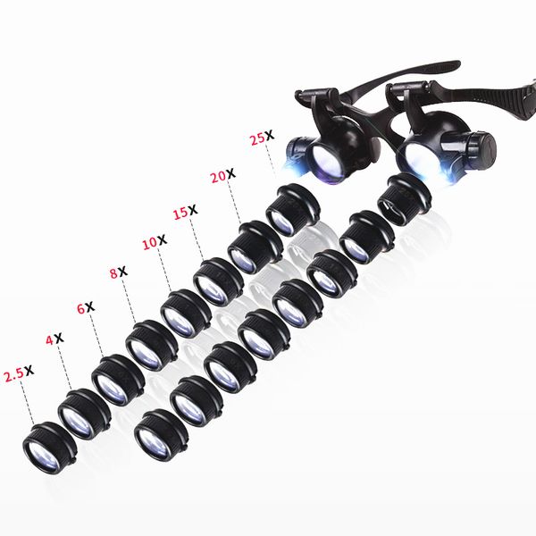 

jeweler magnifying glass led lights magnifier eye glasses 2.5x 4x 6x 8x 10x 15x 20x 25x multi-power double watch repair loupe
