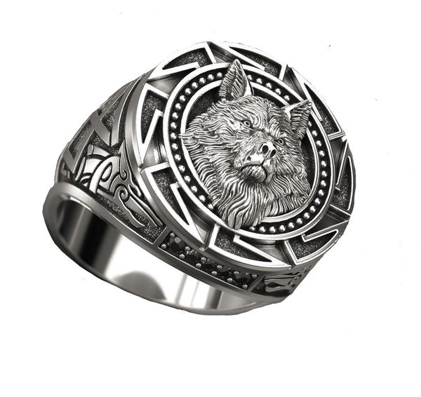 

new viking warrior wolf head men's ring retro celtic wolf totem, Silver