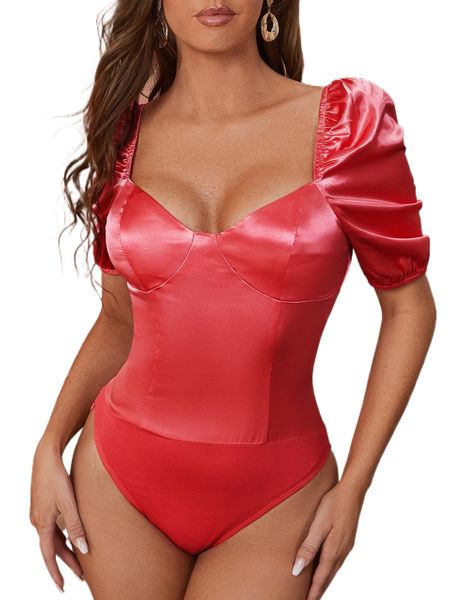 

puff sleeve sweetheart neckline bodysuit a50a#, White