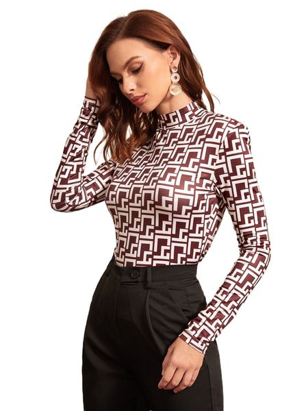 

allover geo print mock neck tee 75cg#, White