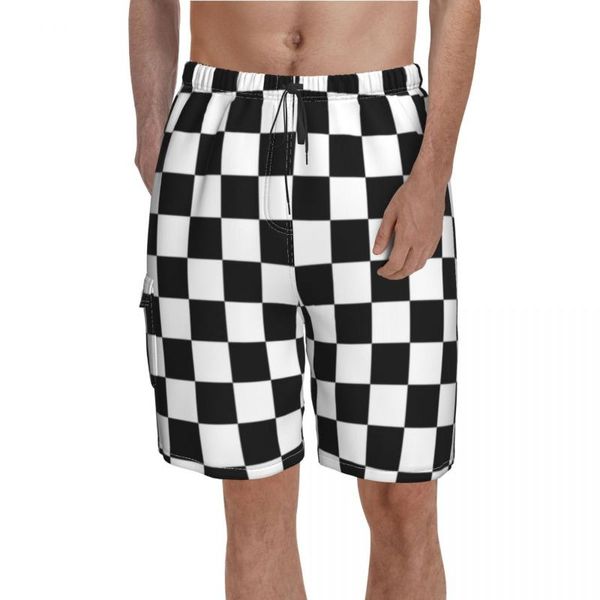 Shorts masculinos pretos quadros de xadrez clássico e branco de checker masculino design de praia de tamanho grande baú toubos de natação