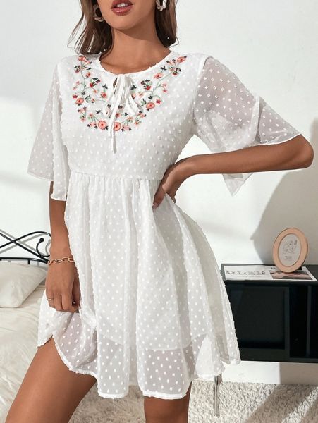 

floral embroidery swiss dot tie neck dress g8j2#, Black;gray