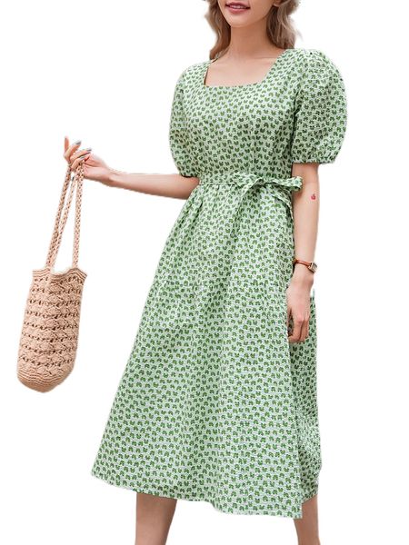 

dazy allover print puff sleeve belted dress c2ig#, Black;gray