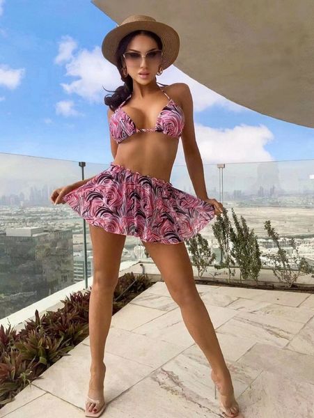 

allover print halter triangle bikini swimsuit with beach skirt j0k5#, White;black