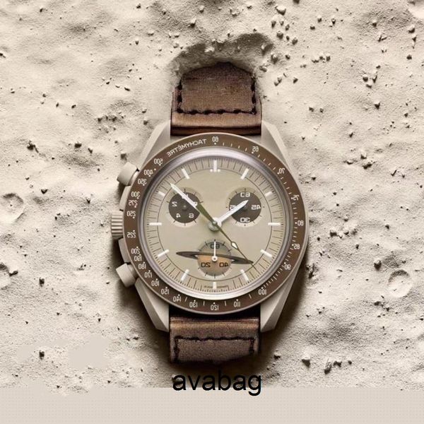 

men's ladies watch bioceramic moonswatch quartz chronograph mission to mercury 42mm multicolor nylon strap james montre de luxe fashion, Slivery;brown