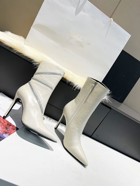 

new style women high heel ankle boots genuine leather lady stiletto shoes luxury designer female metal zipper decoration, Black