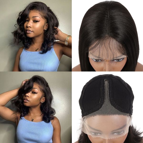 Perucas curtas Bob peruca frontal de renda sintética com cabelo de bebê Cor natural Parte do meio Loose Weave Bob perucas de renda para mulher negra direto da fábrica