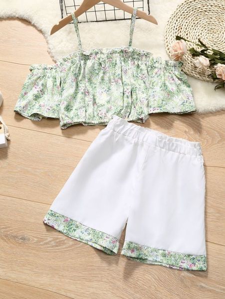 

girls floral print cold shoulder & paper bag waist shorts she, White