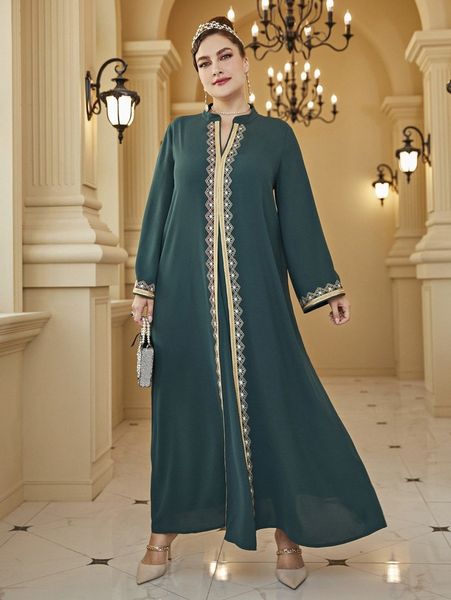 

plus argyle embroidery contrast tape notched neck dress o317#, Black