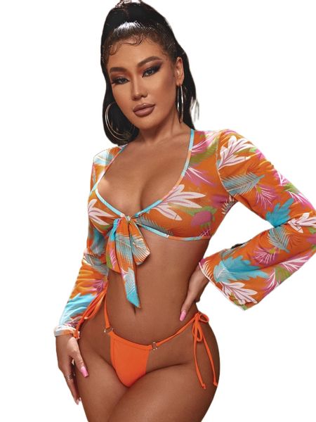 

sxy plant print knot front long sleeve bikini swimsuit i92m#, White;black