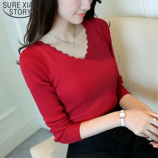 

autumn long sleeve sweater women winter pullovers solid black white knitted sweater wave cut vneck basic office 7809 220813, White;black