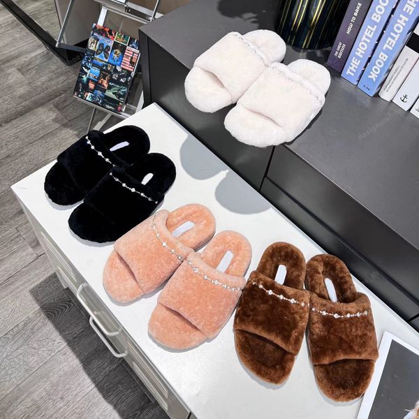 

designer slippers jimmy women fur slipper winter fluffy letters wool slide furry warm sandals pearl rhinestone fuzzy slipper, Black