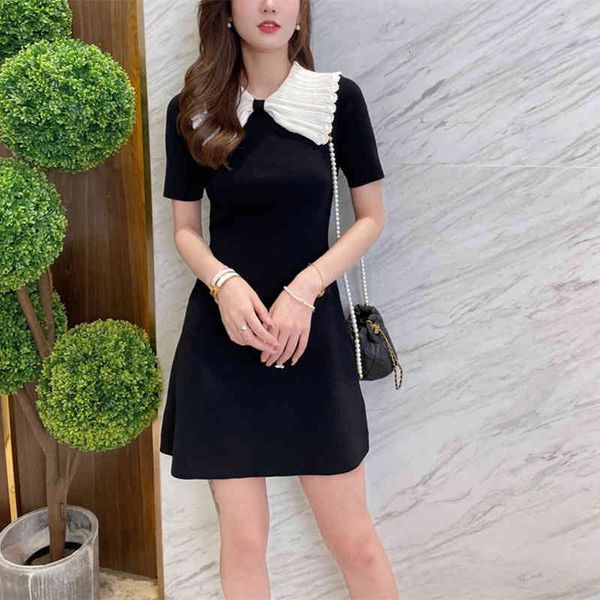

casual dresses heavy hand sewn pearl summer bow collar slim knit dress temperament small black skirt woman, Black;gray
