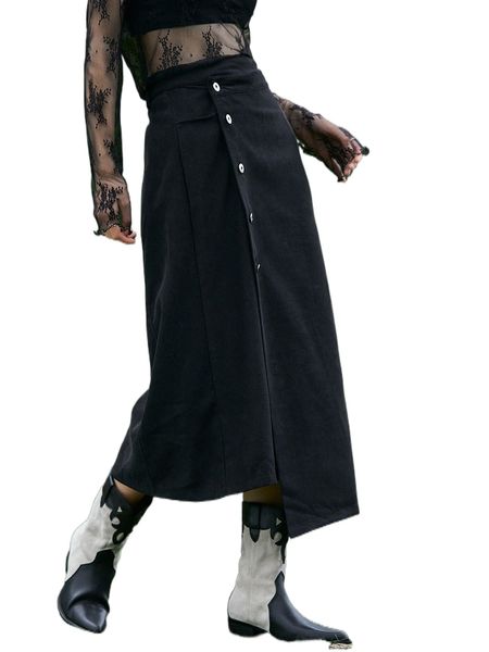 

dazy button front wrap skirt e4et#, Black