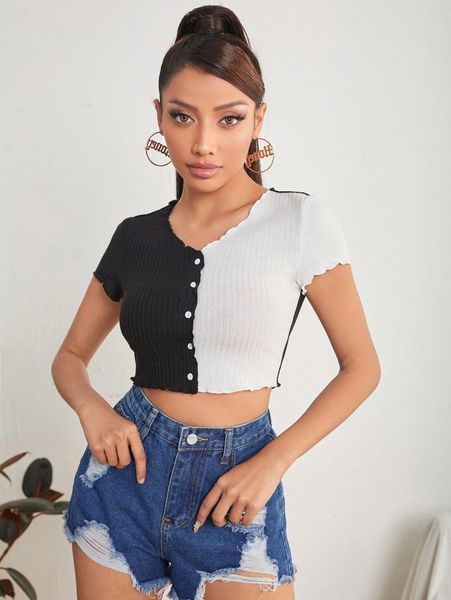 

petite lettuce trim button front t-shirt 92as#, White