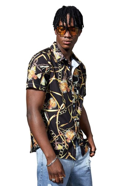 

men random chain print button through shirt e7u3#, White;black