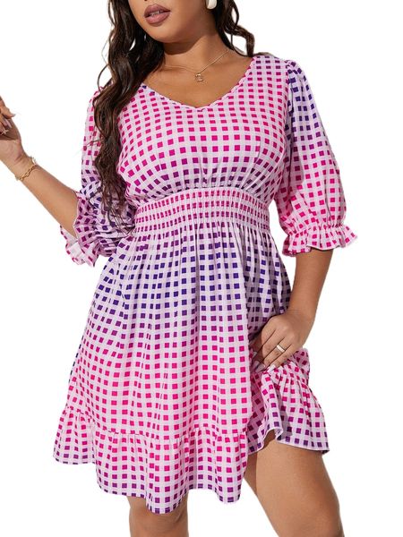 

plus ombre gingham flounce sleeve shirred waist ruffle hem dress l0mp#, Black