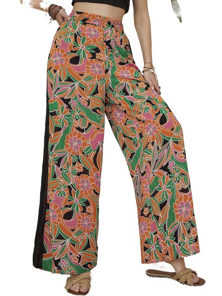 

rusttydustty floral print contrast mesh side seam wide leg pants r0fm#, Black;white