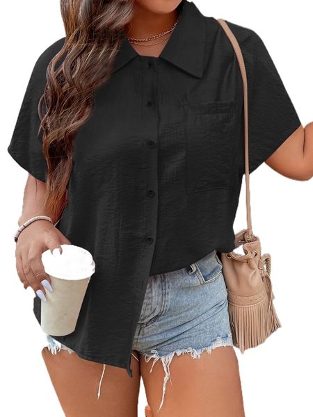 

plus batwing sleeve pocket patched shirt t7fp#, Black