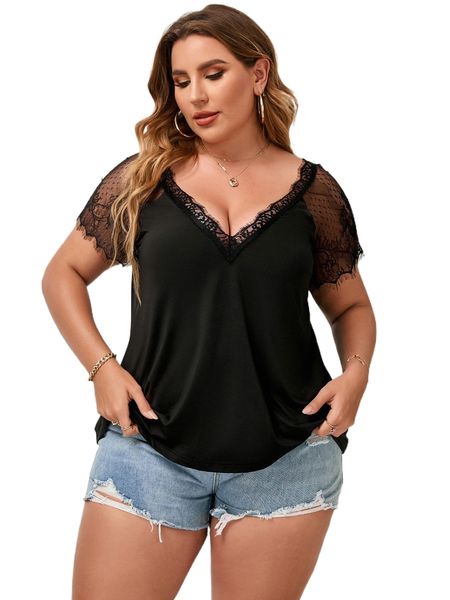 

plus contrast lace raglan sleeve f4rf#, Black