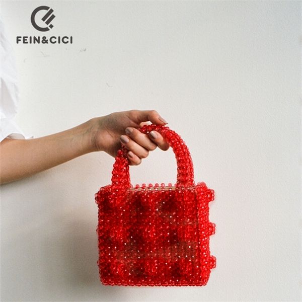 

bead bag luxury acrylic crystal clear pearl beaded box tote bag women party bucket handbag red summer vintage 220520