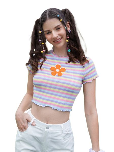 

mod block striped flower patched detail lettuce trim tee s8n1#, White