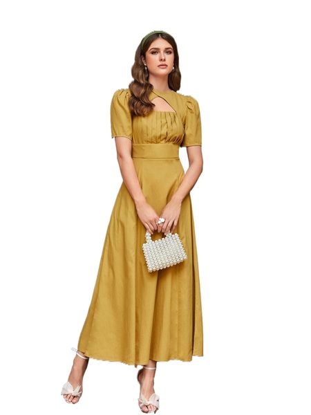 

cut out fold pleated puff sleeve dress u24f#, Black;gray