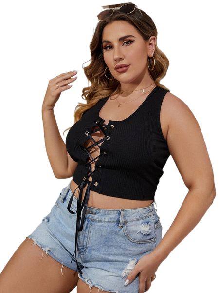 

plus grommet lace up tank z9tv#, Black