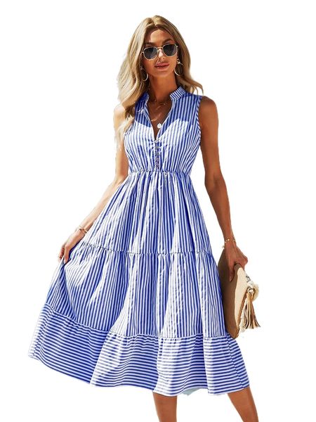 

striped print notched neck a-line dress 49q6#, Black;gray