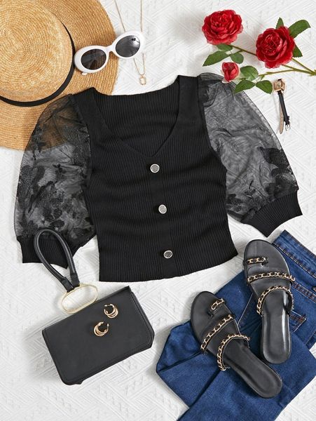 

butterfly embroidery mesh puff sleeve fake button knit d8lz#, White;black