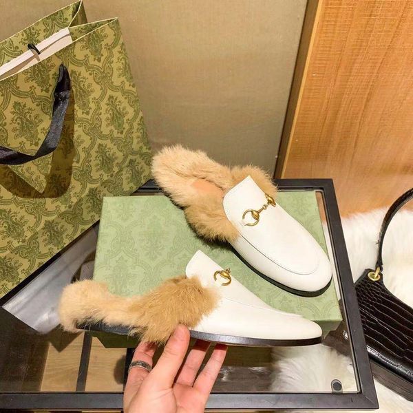 

2023 fashion women winter slippers leather loafers fur muller slipper with buckle flat mule shoes warm and comfortable plush ladies size 35-, Black