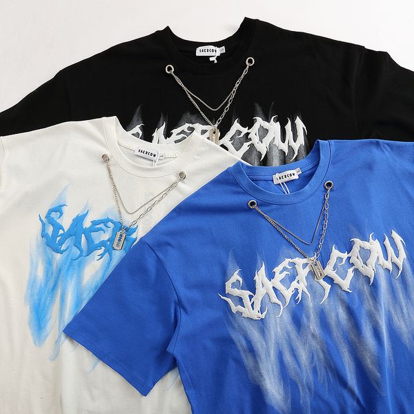 

summer fashion mens t-shirts loose personality street style round neck chain printing letters popular short-sleeved quick-drying breathable, White;black