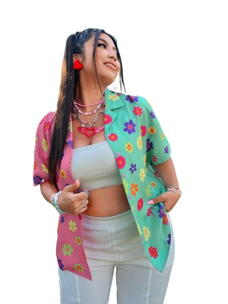 

plus floral print colorblock drop shoulder blouse j9yw#, Black