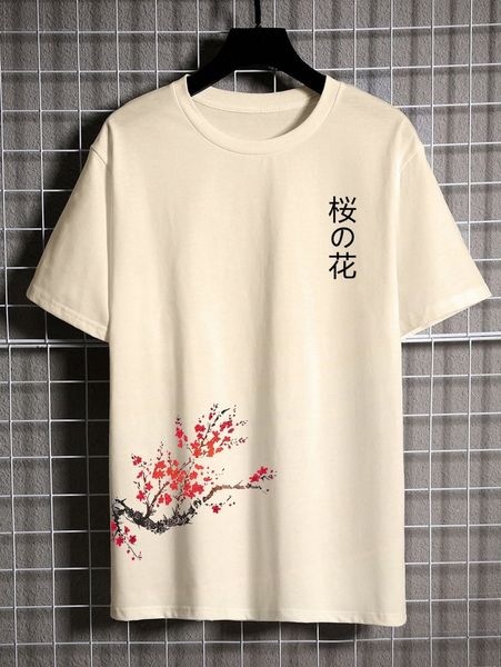 

men japanese letter & floral print tee r97g#, White;black
