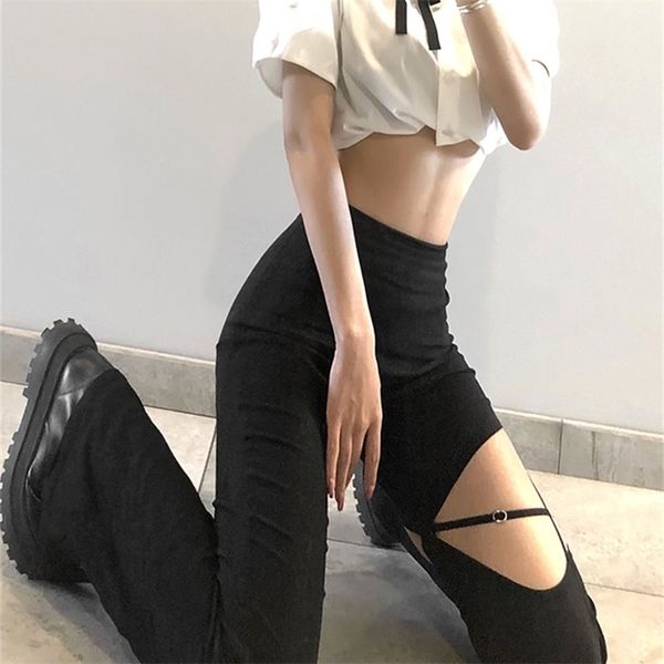 

sylcue summer high street style small highwaisted flared trousers thighs personality eith hollow and show legs long 220812, Black;white