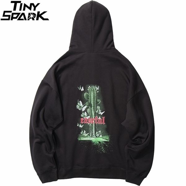 

hip hop hoodies sweatshirt streetwear butterfly easeful cactus men harajuku pullover hoodie winter fleece cotton sweatshirt 201201, Black