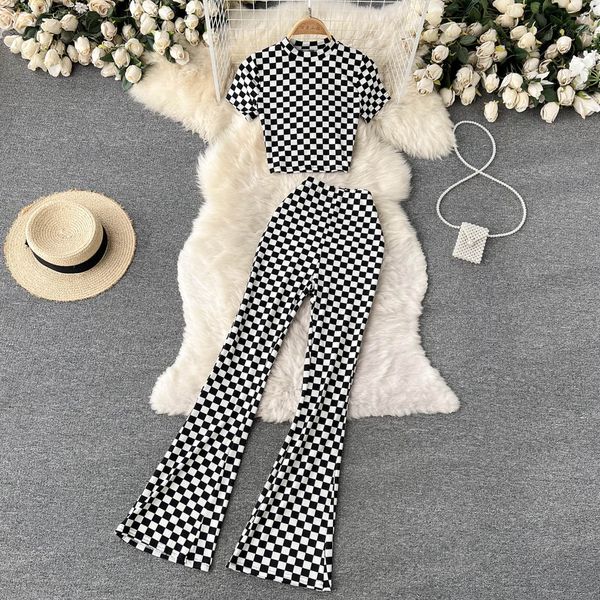 Nova moda feminina color block com estampa de tabuleiro de xadrez camisetas de manga curta e calças compridas flare sexy conjunto de calças duplas