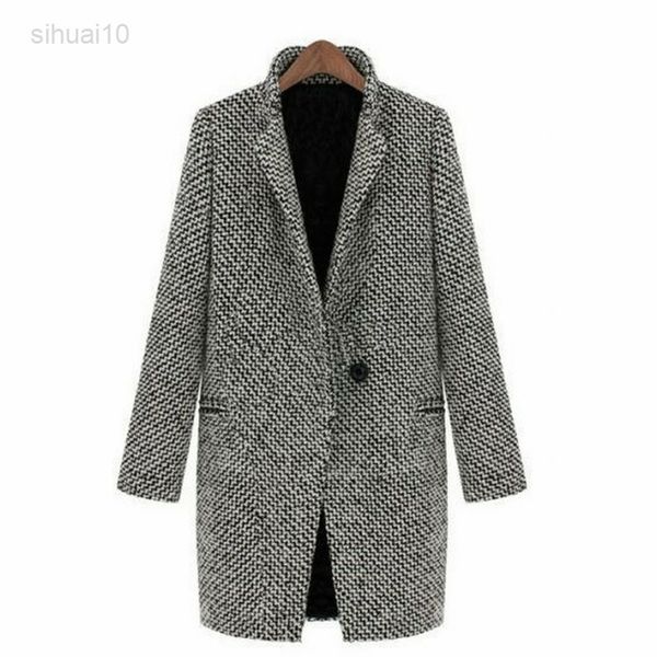 

s-4xl woman winter jackets new fashion casual long sleeve houndstooth patchwork v neck button grey autumn outerwear jacket l220725, Black