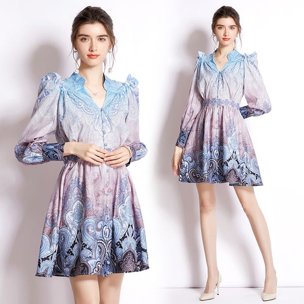 

lantern sleeve printed classic shirt dress woman designer spring autumn lapel single-breasted slim a-line dresses 2022 runway women clothes, Black;gray