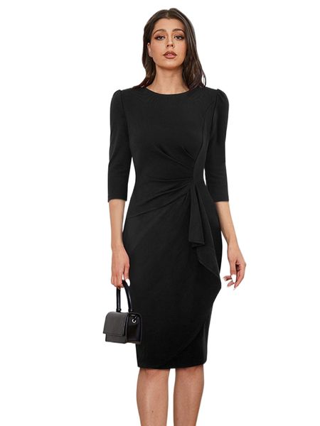 

solid ruched side fitted dress 5037#, Black;gray