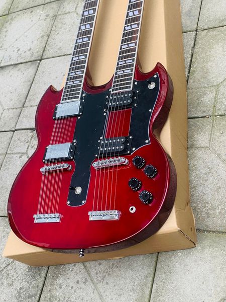 

custom electric guitar, dark red jimmypage double neck 6+12 strings guitar