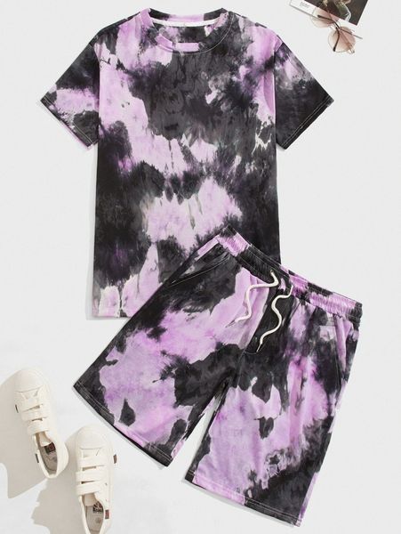

men random tie dye tee & drawstring waist shorts 71qo#, Gray