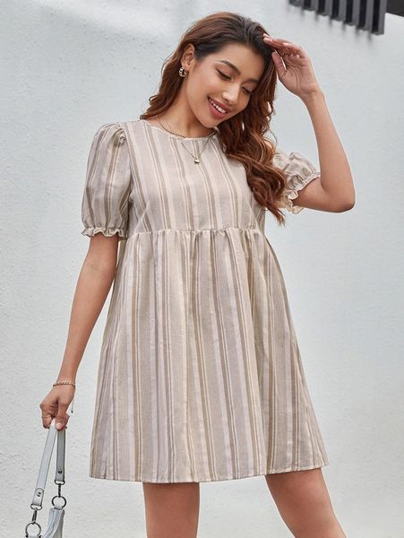 

vertical striped puff sleeve tie back dress q5li#, Black;gray