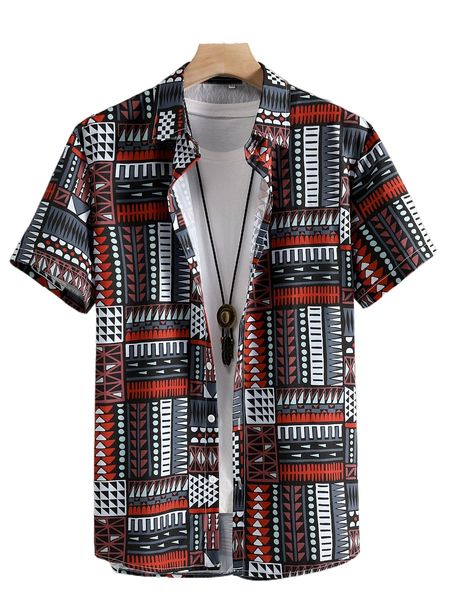 

men 1pc allover geo print shirt l9y8#, White;black