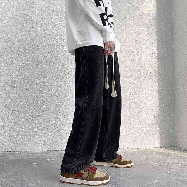 

blue/black baggy jeans men fashion drawstring casual wide leg jeans mens streetwear hip hop loose straight trousers pants men t220726