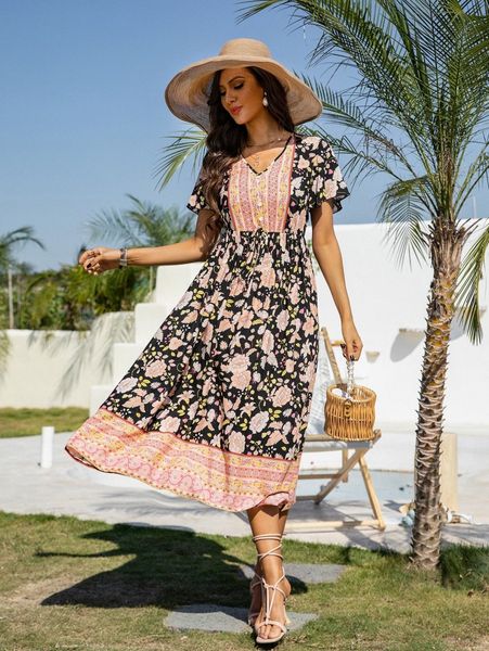 

floral print v-neck knot detail dress c3w6#, Black;gray