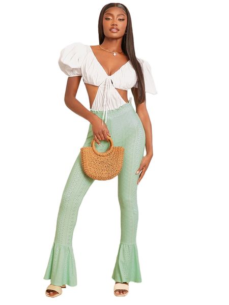 

newness puff sleeve cut out tie front bodysuit y2bp#, White