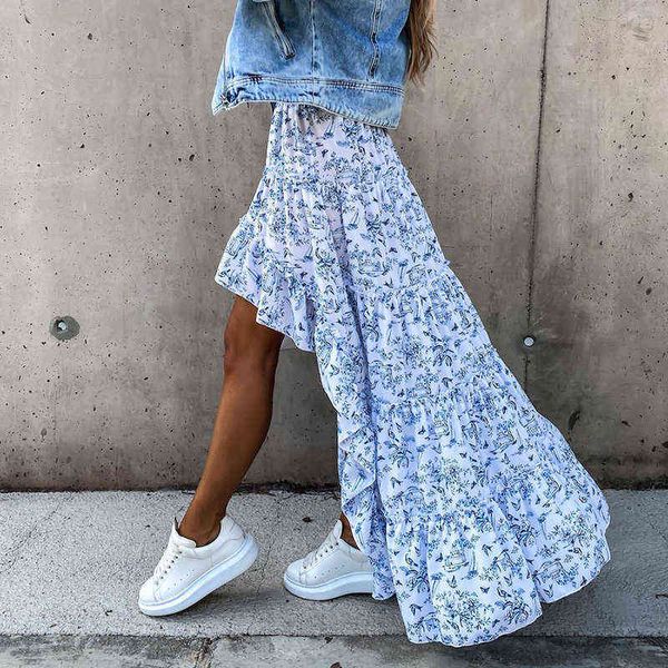 

bohemian women long skirt asymmetrical beach style floral printed high waist ladies casual skirt ins skirts faldas spring 2022 y220426, Black