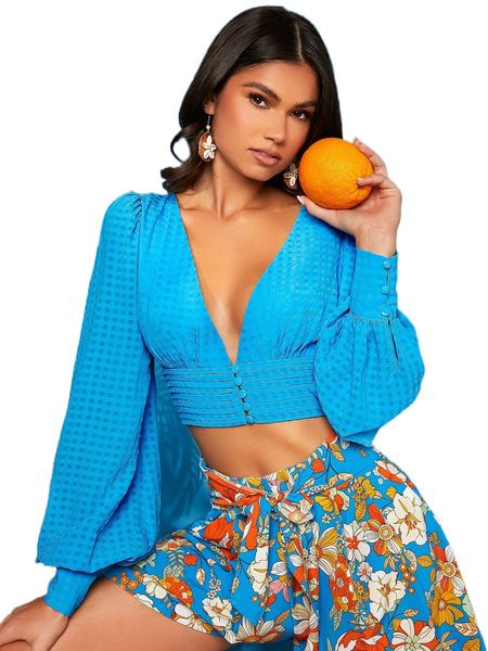 

plaid pattern deep v neck bishop sleeve button blouse m7ax#, White